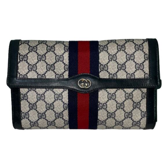 GUCCI GG Supreme Sherry Line Canvas Leather Clutch Bag  Navy Red Black - Picture 1 of 15